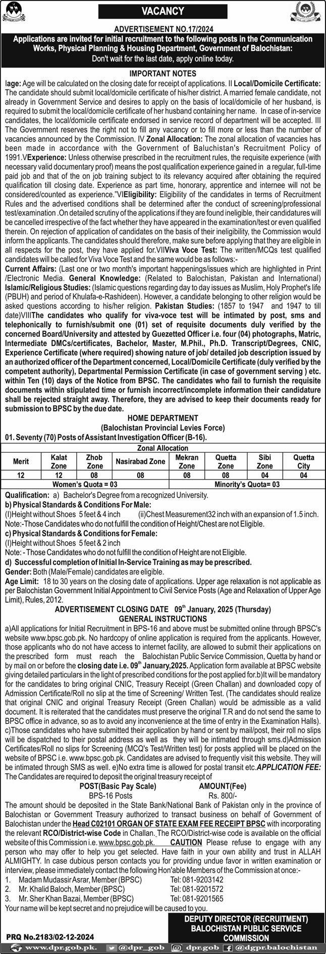 Latest Balochistan Public Service Commission Management BPSC Posts in Quetta 2024